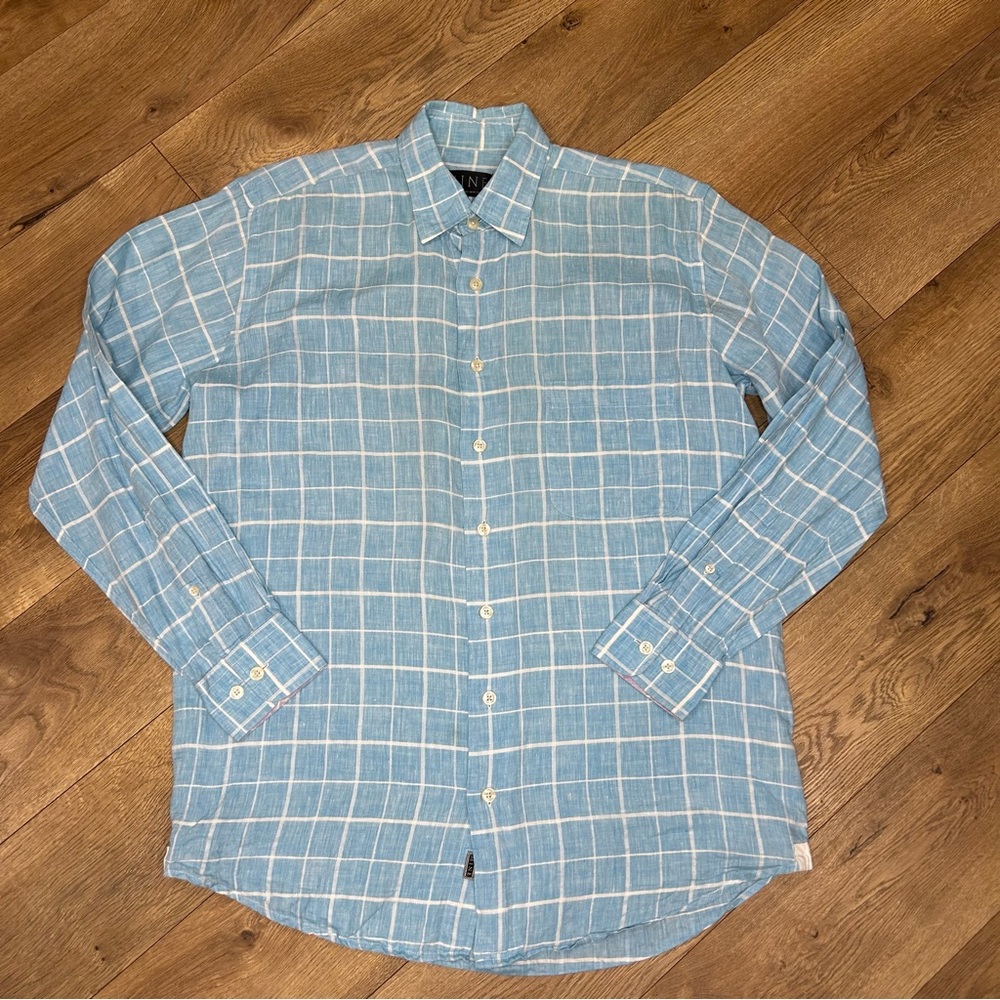 MINE Blue with white windowpane checkered button down top - Size M